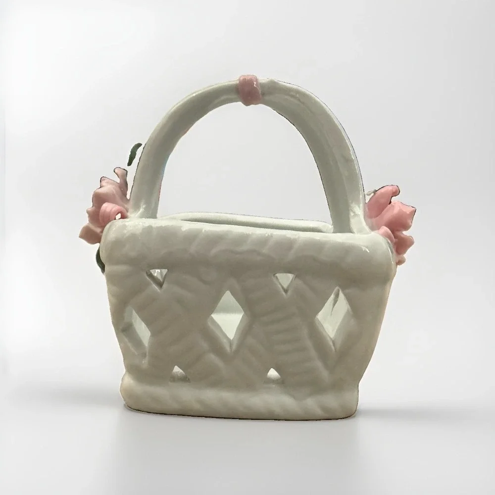 Porcelain Basket Decorative Hand Painted Flowers Miniature Candy Jewelry Trinket